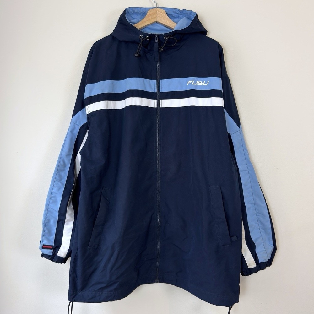 Vintage Y2k FUBU Blue Navy Button Snap Hooded UNC Windbreaker Jacket - L/XL